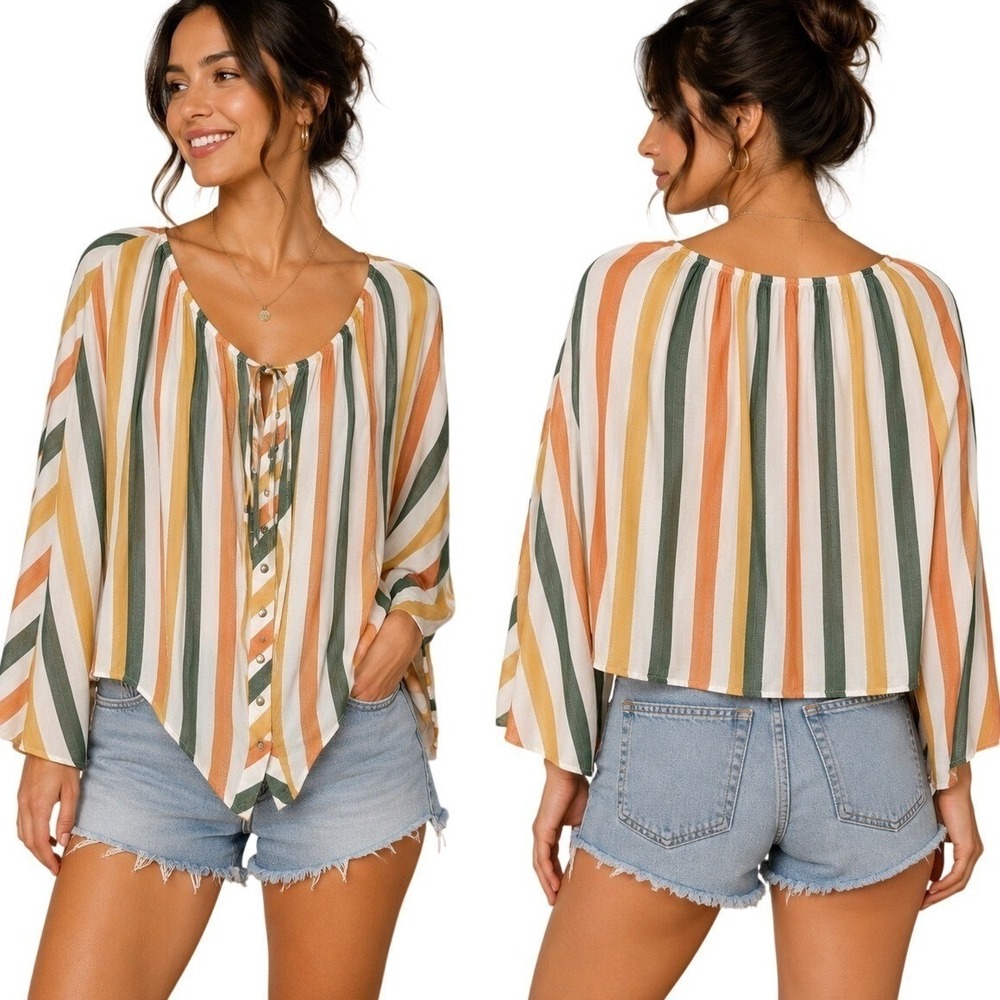 Anthropologie Women Multicolor Striped Button Front Poncho Blouse Med Boho Tie